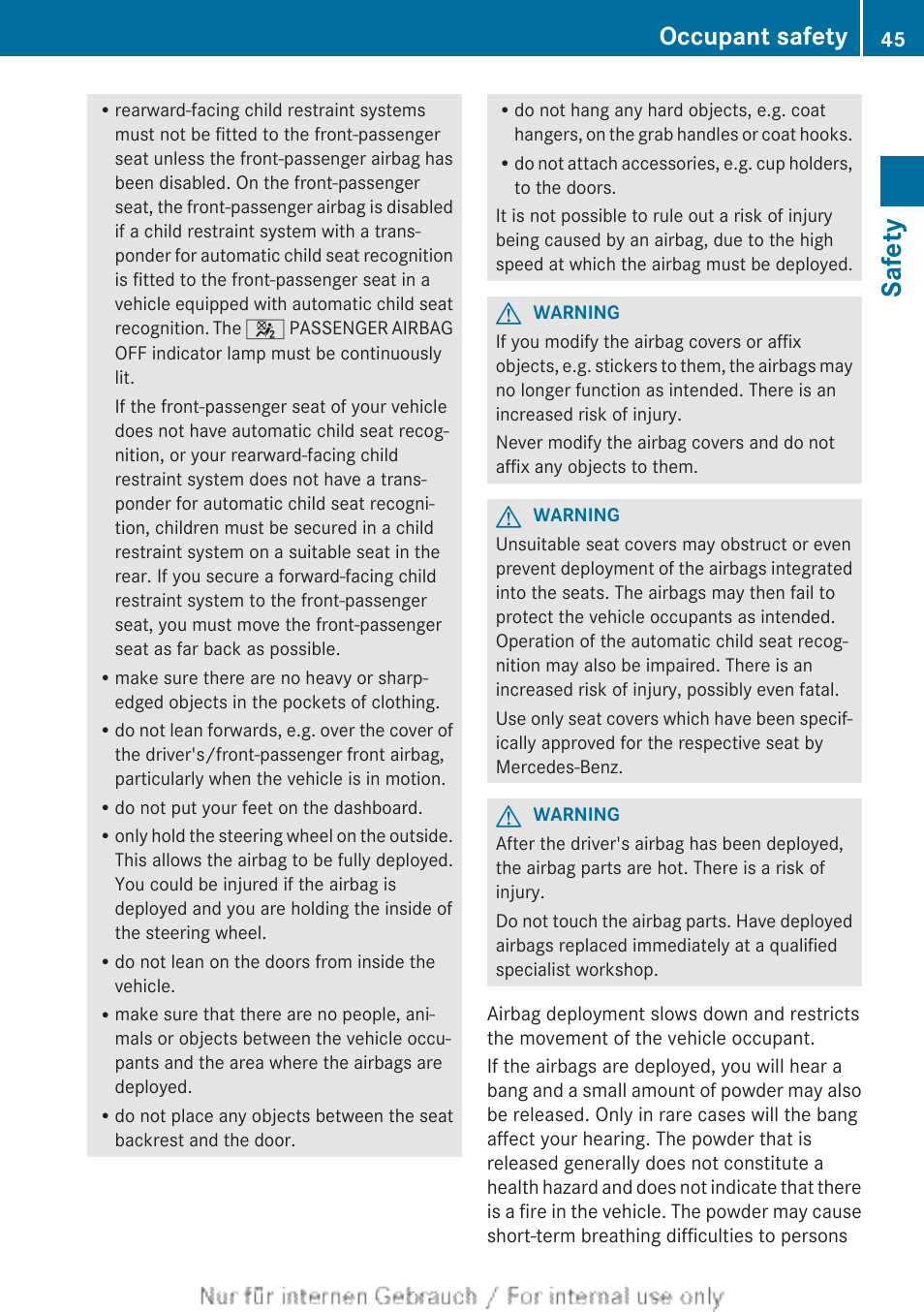 Safety, Occupant safety | Mercedes-Benz 2013 GLS Class User Manual | Page 47 / 424