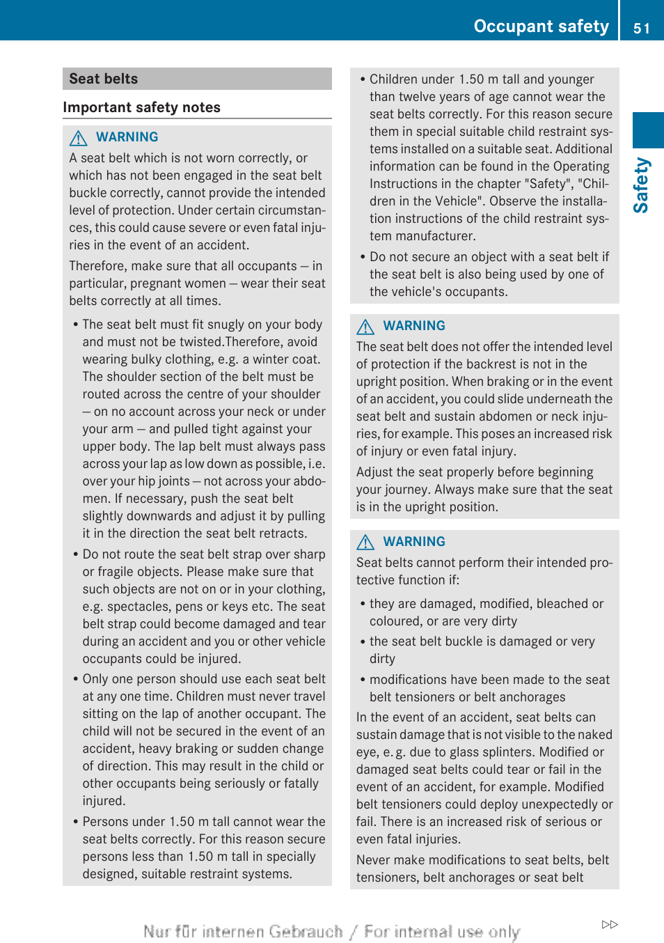 Seat belts, Safety, Occupant safety | Mercedes-Benz 2013 GLS Class User Manual | Page 53 / 424