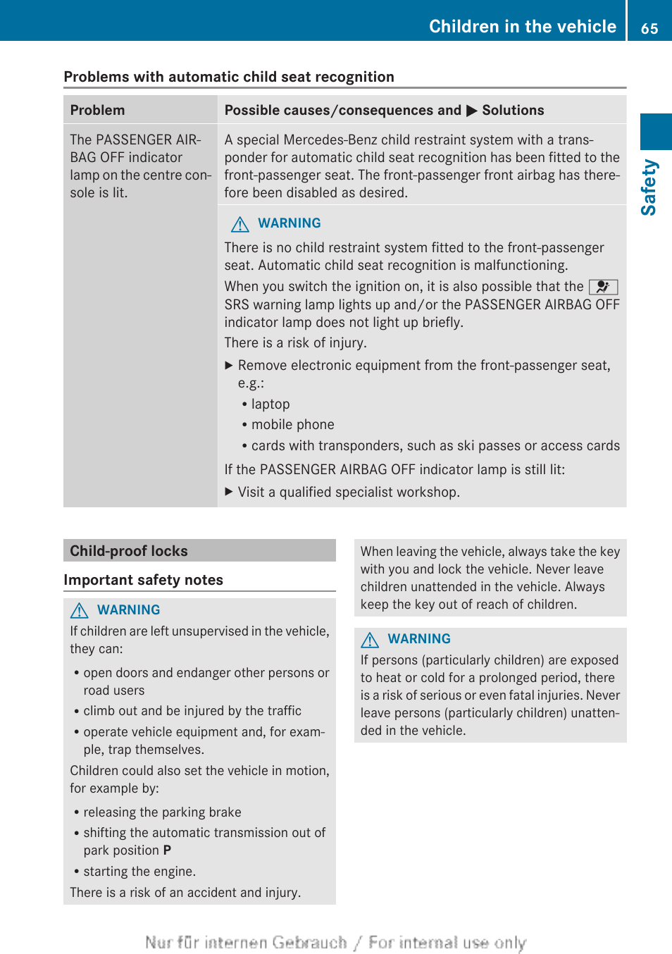 Child-proof locks, Safety, Children in the vehicle | Mercedes-Benz 2013 GLS Class User Manual | Page 67 / 424