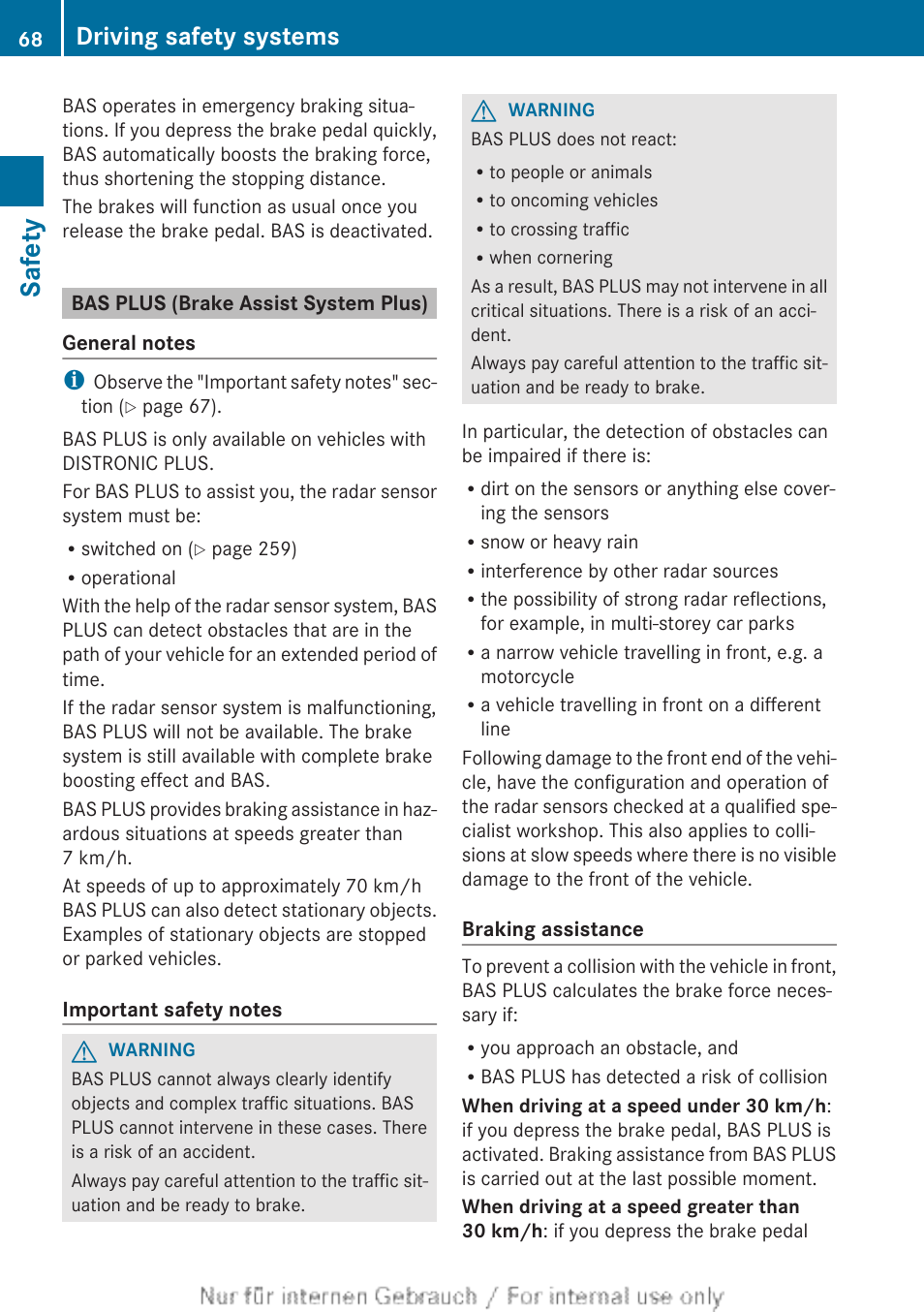 Bas plus (brake assist system plus), Safety, Driving safety systems | Mercedes-Benz 2013 GLS Class User Manual | Page 70 / 424