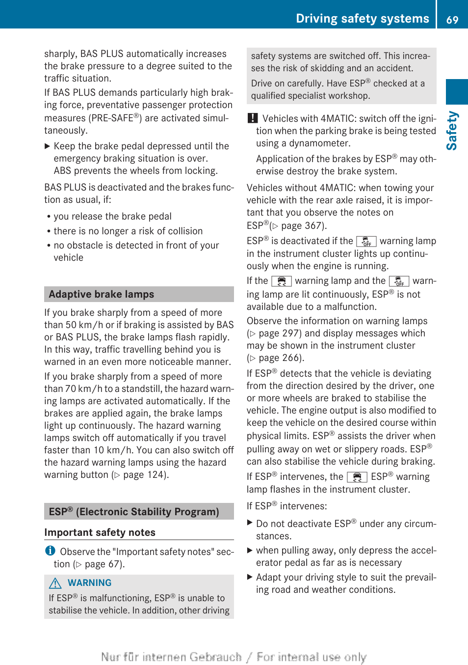 Adaptive brake lamps, Esp® (electronic stability program), Safety | Driving safety systems | Mercedes-Benz 2013 GLS Class User Manual | Page 71 / 424