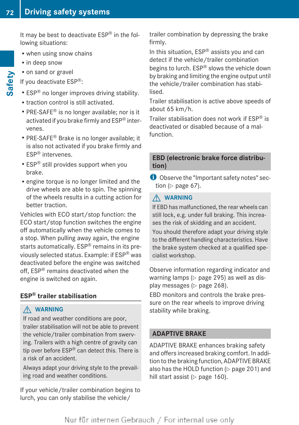 Ebd (electronic brake force distribution), Adaptive brake, Safety | Driving safety systems | Mercedes-Benz 2013 GLS Class User Manual | Page 74 / 424