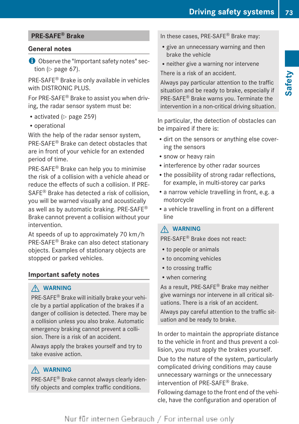 Pre-safe® brake, Brake, Safety | Driving safety systems | Mercedes-Benz 2013 GLS Class User Manual | Page 75 / 424