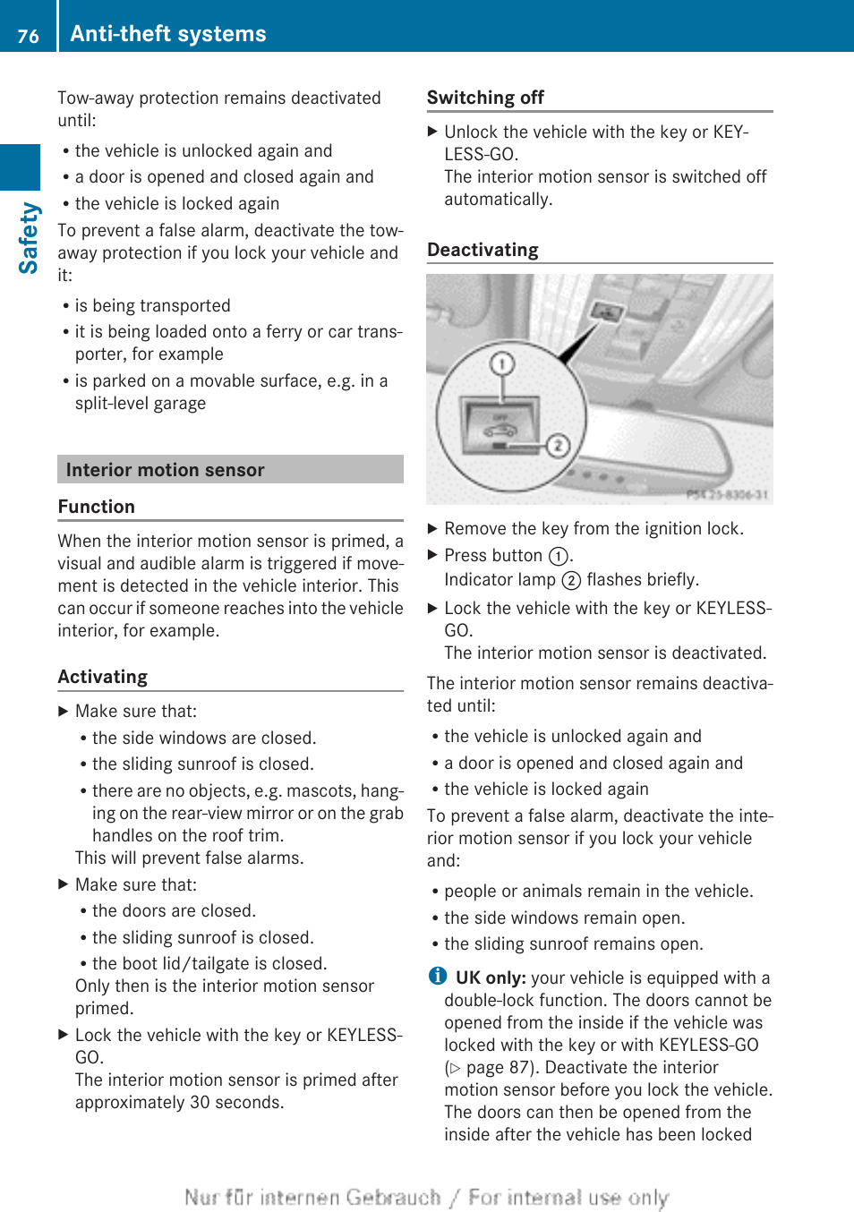 Interior motion sensor, Safety, Anti-theft systems | Mercedes-Benz 2013 GLS Class User Manual | Page 78 / 424