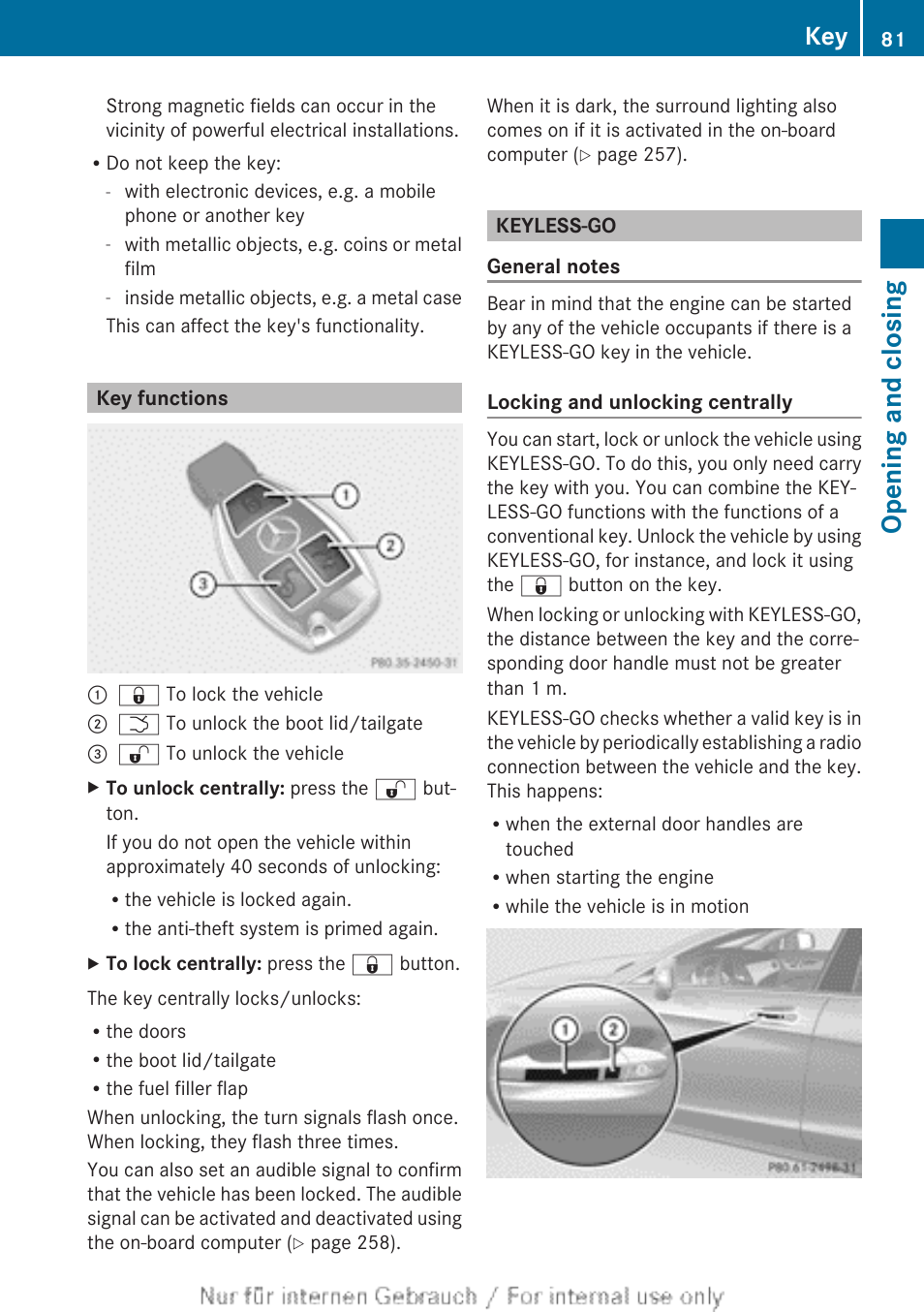 Key functions, Keyless-go, Opening and closing | Mercedes-Benz 2013 GLS Class User Manual | Page 83 / 424