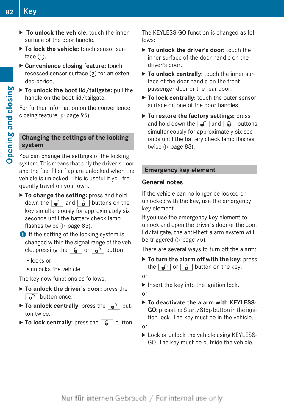 Changing the settings of the locking system, Emergency key element, Opening and closing | Mercedes-Benz 2013 GLS Class User Manual | Page 84 / 424