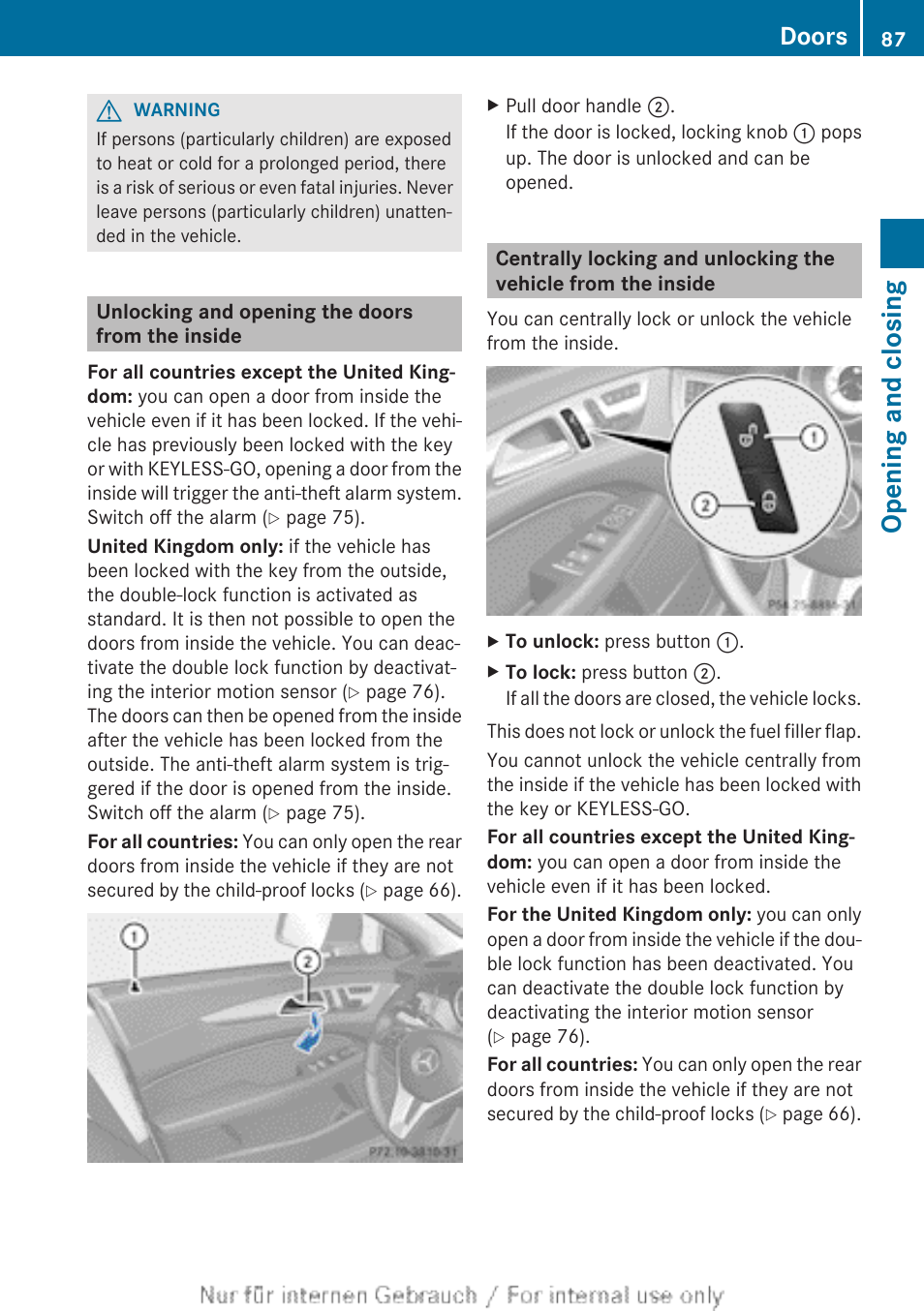 Unlocking and opening the doors from the inside, Opening and closing, Doors | Mercedes-Benz 2013 GLS Class User Manual | Page 89 / 424