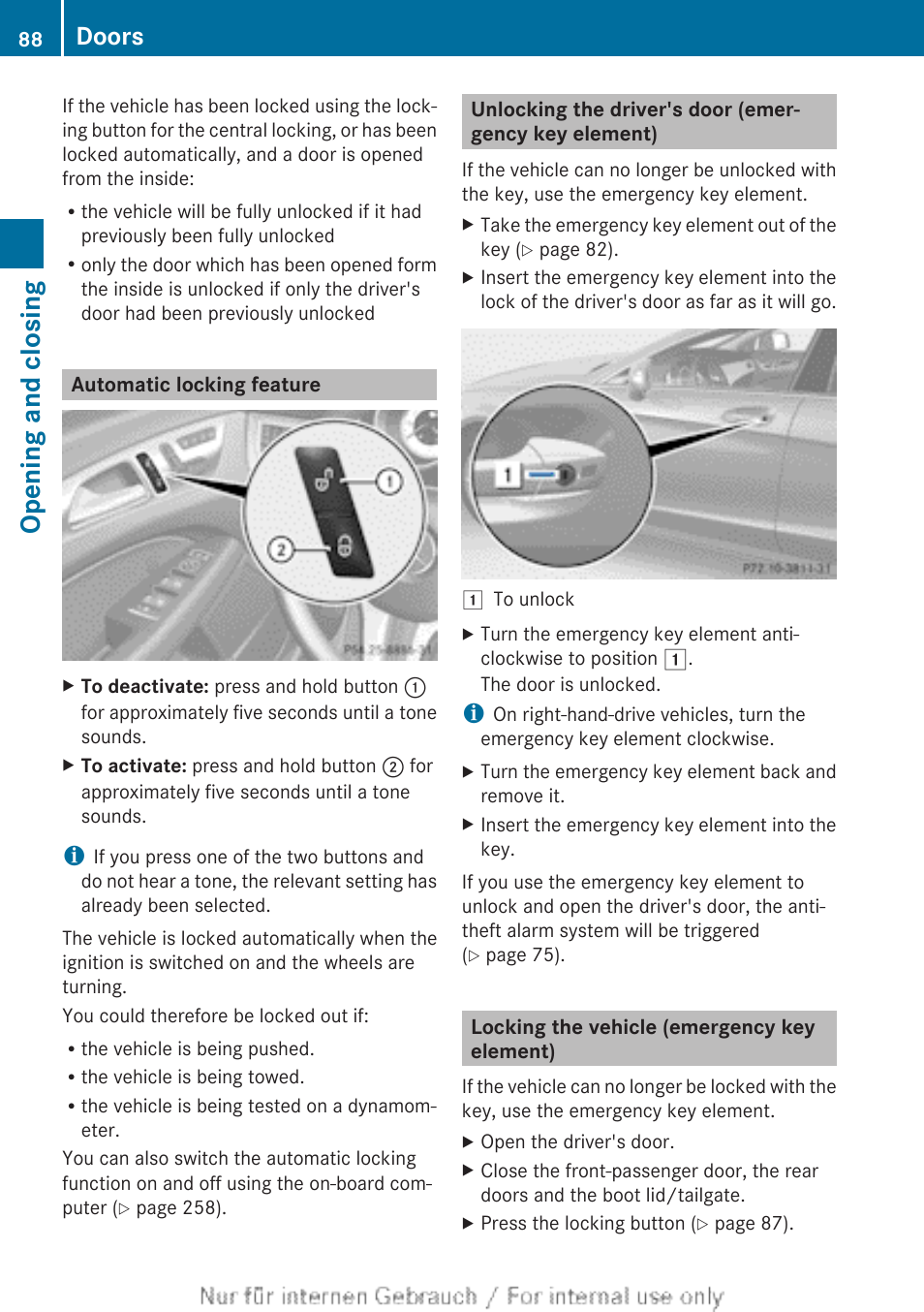 Automatic locking feature, Locking the vehicle (emergency key element), Lock | Opening and closing, Doors | Mercedes-Benz 2013 GLS Class User Manual | Page 90 / 424