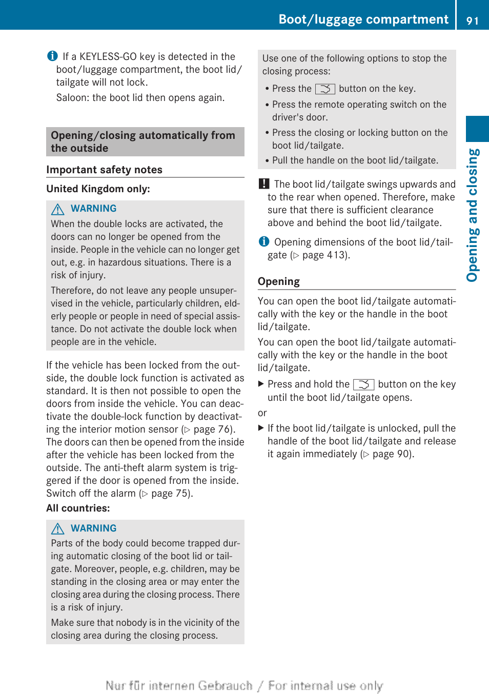 Opening/closing automatically from the outside, Opening and closing, Boot/luggage compartment | Mercedes-Benz 2013 GLS Class User Manual | Page 93 / 424