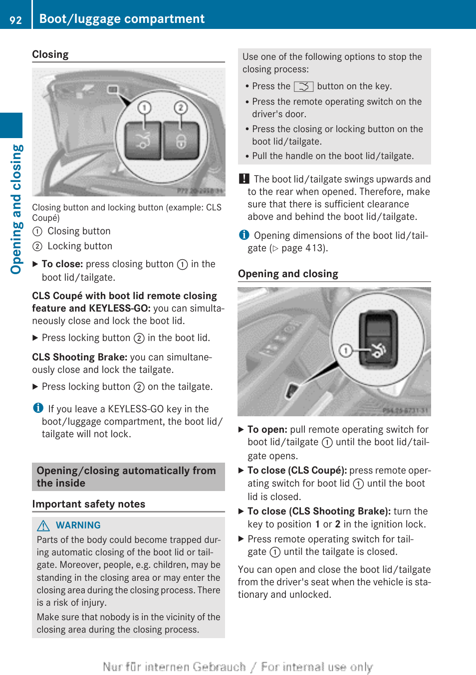 Opening/closing automatically from the inside, Opening and closing, Boot/luggage compartment | Mercedes-Benz 2013 GLS Class User Manual | Page 94 / 424