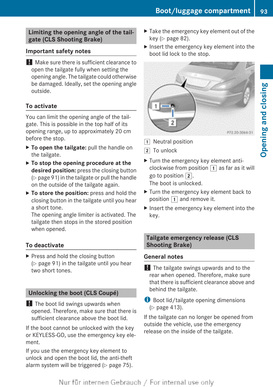 Unlocking the boot (cls coupé), Tailgate emergency release (cls shooting brake), Opening and closing | Boot/luggage compartment | Mercedes-Benz 2013 GLS Class User Manual | Page 95 / 424