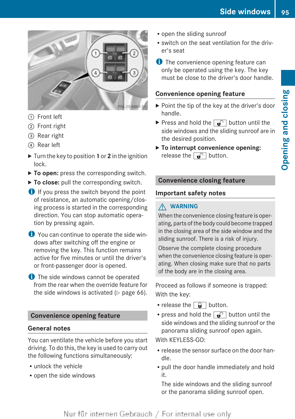 Convenience opening feature, Convenience closing feature, Closing feature | Opening and closing, Side windows | Mercedes-Benz 2013 GLS Class User Manual | Page 97 / 424