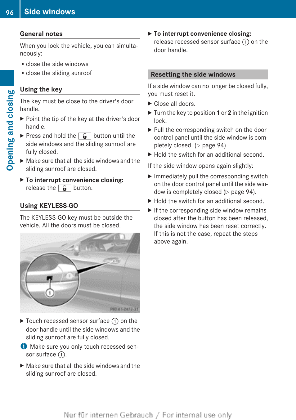 Resetting the side windows, Opening and closing, Side windows | Mercedes-Benz 2013 GLS Class User Manual | Page 98 / 424