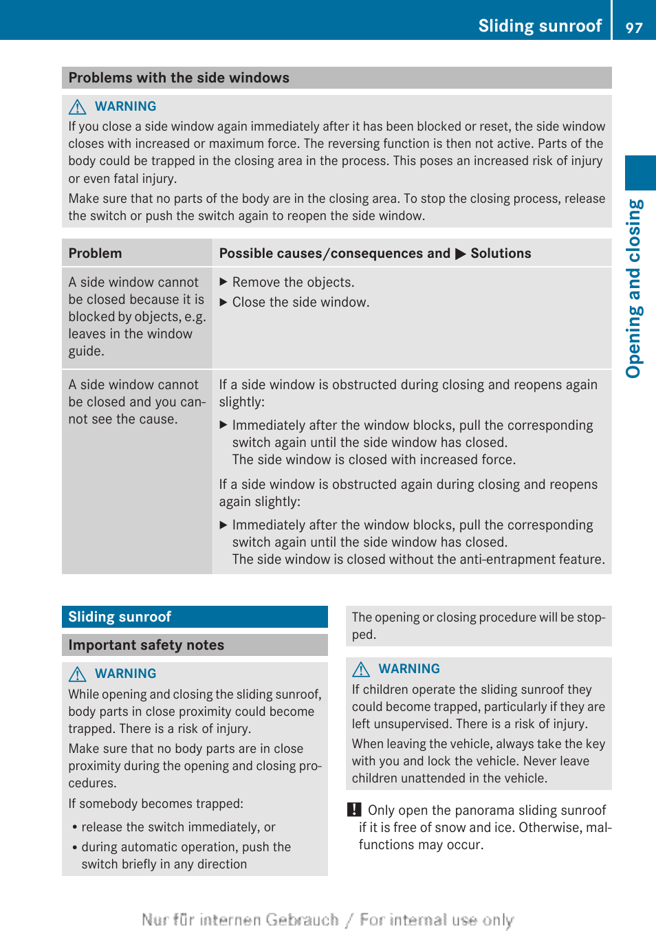 Problems with the side windows, Sliding sunroof, Important safety notes | Opening and closing | Mercedes-Benz 2013 GLS Class User Manual | Page 99 / 424