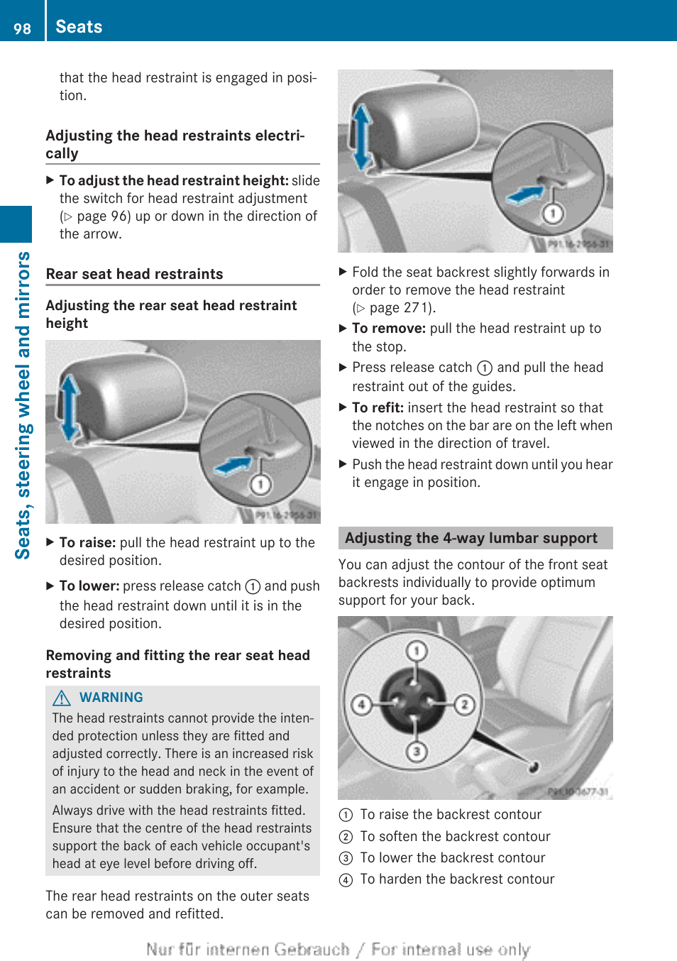 Adjusting the 4-way lumbar support, Seats, steering wheel and mirrors, Seats | Mercedes-Benz 2013 CLA Class User Manual | Page 100 / 352