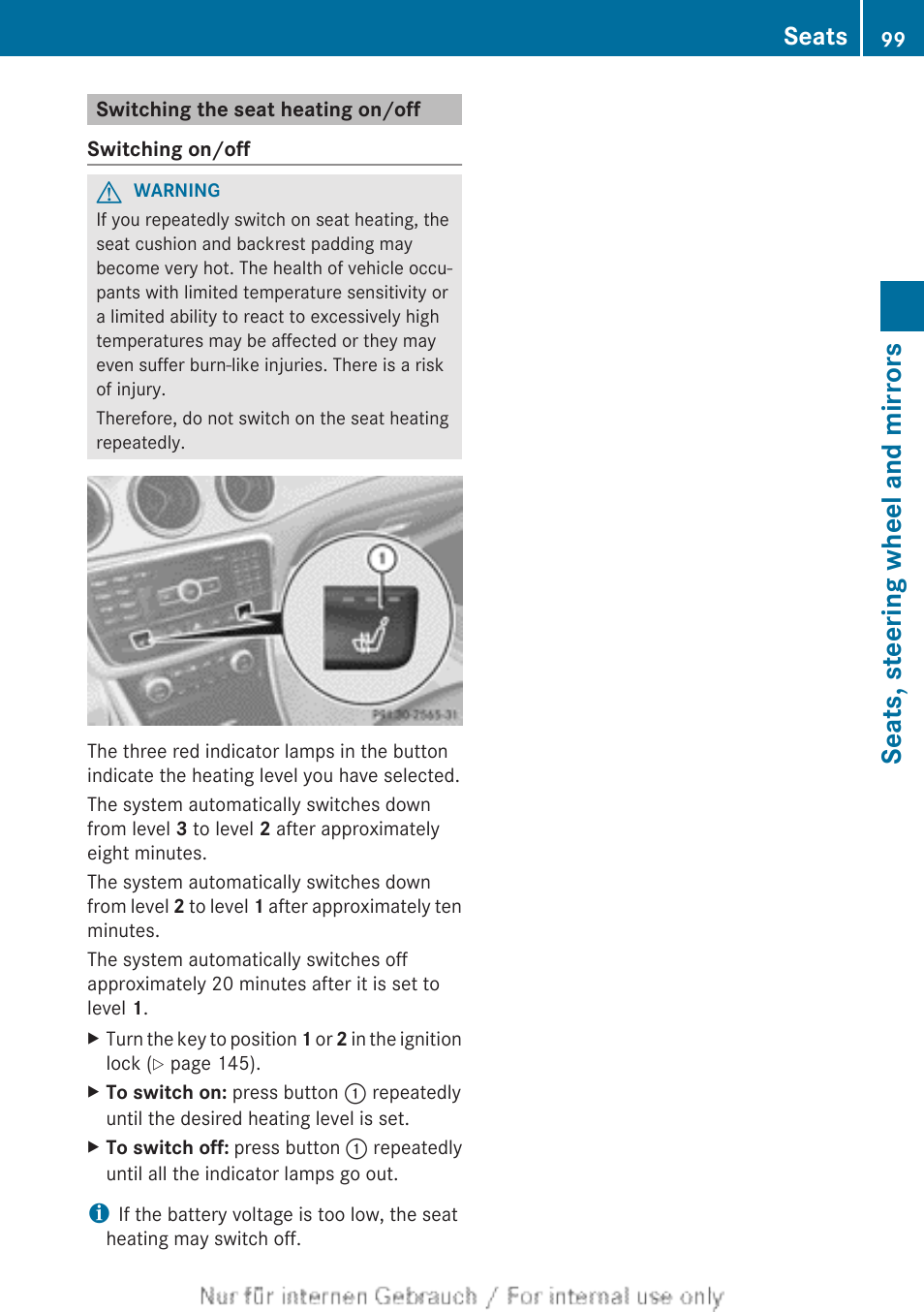 Switching the seat heating on/off, Seats, steering wheel and mirrors, Seats | Mercedes-Benz 2013 CLA Class User Manual | Page 101 / 352