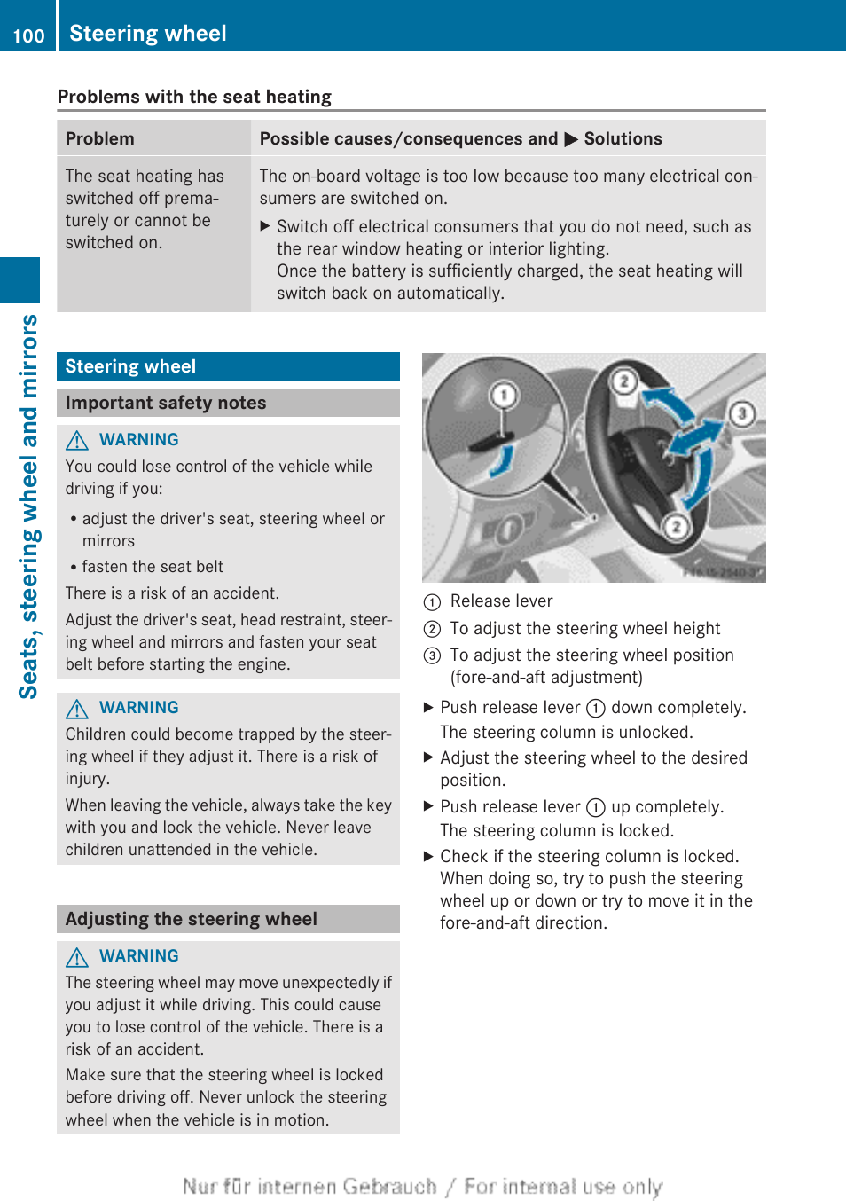 Steering wheel, Important safety notes, Adjusting the steering wheel | Adjustment, Adjusts the steering wheel, Seats, steering wheel and mirrors | Mercedes-Benz 2013 CLA Class User Manual | Page 102 / 352