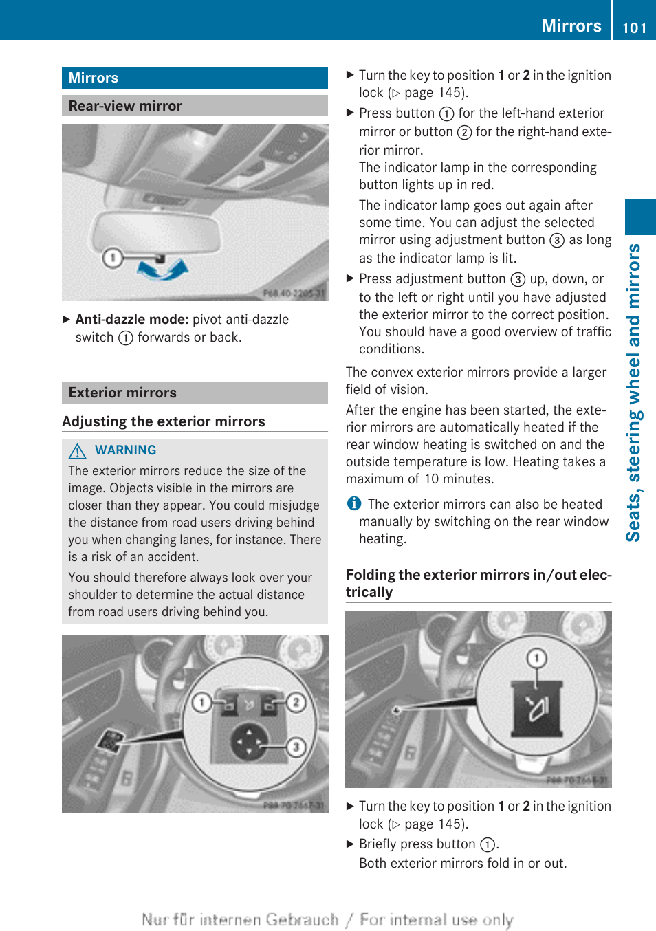 Mirrors, Rear-view mirror, Exterior mirrors | Ror and the exterior mirrors, Seats, steering wheel and mirrors | Mercedes-Benz 2013 CLA Class User Manual | Page 103 / 352