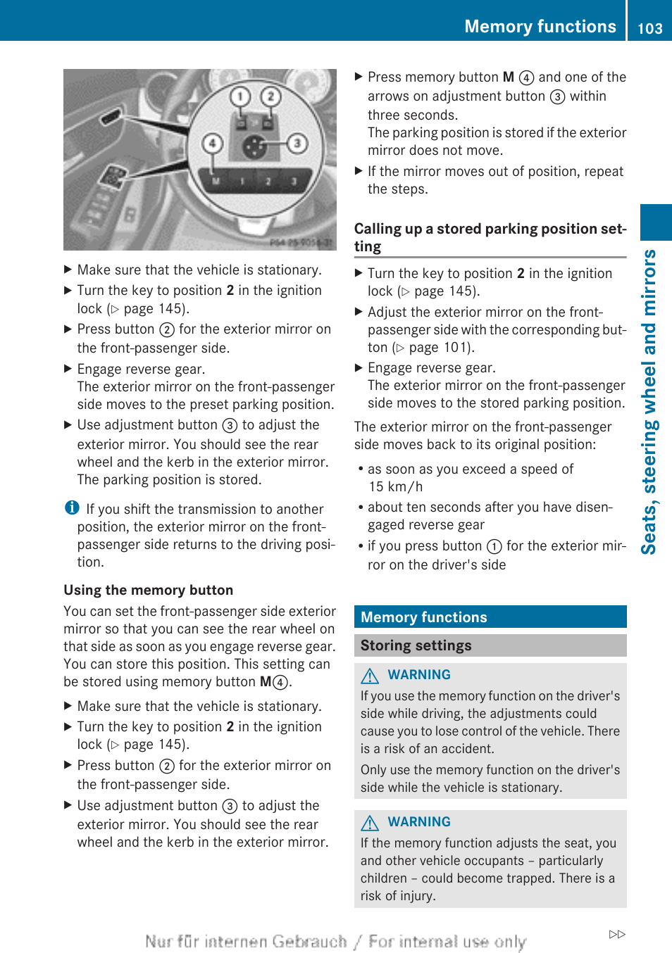 Memory functions, Storing settings, Seats, steering wheel and mirrors | Mercedes-Benz 2013 CLA Class User Manual | Page 105 / 352