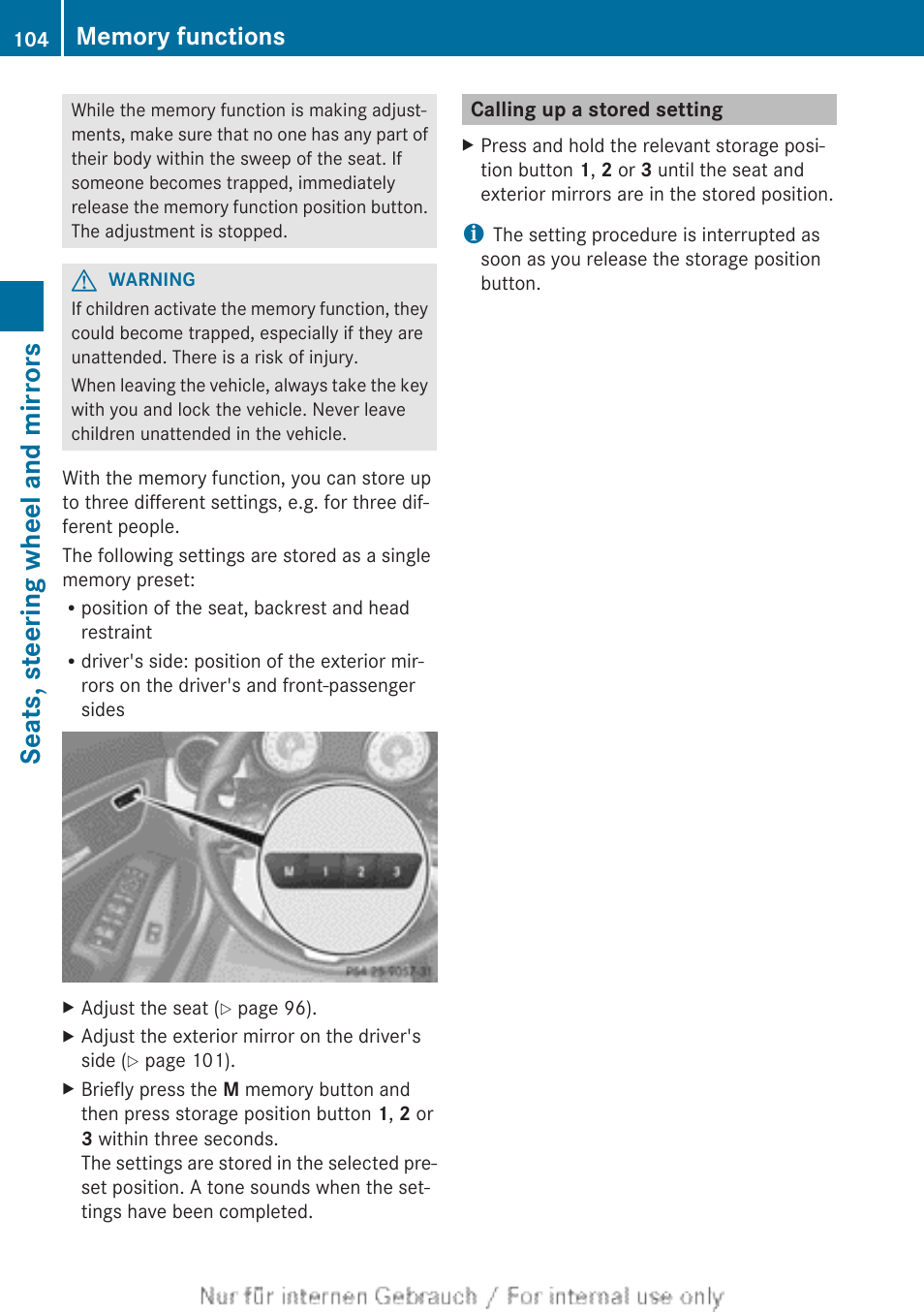 Calling up a stored setting, Seats, steering wheel and mirrors | Mercedes-Benz 2013 CLA Class User Manual | Page 106 / 352