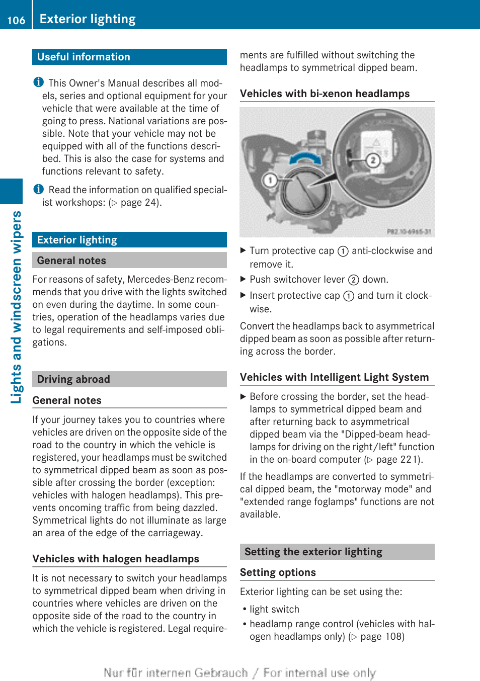 Lights and windscreen wipers, Useful information, Exterior lighting | General notes, Driving abroad, Setting the exterior lighting, Useful information exterior lighting | Mercedes-Benz 2013 CLA Class User Manual | Page 108 / 352