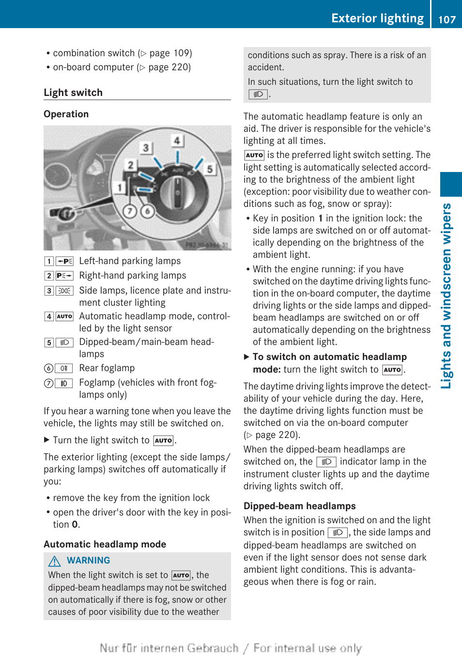 Lights and windscreen wipers, Exterior lighting | Mercedes-Benz 2013 CLA Class User Manual | Page 109 / 352