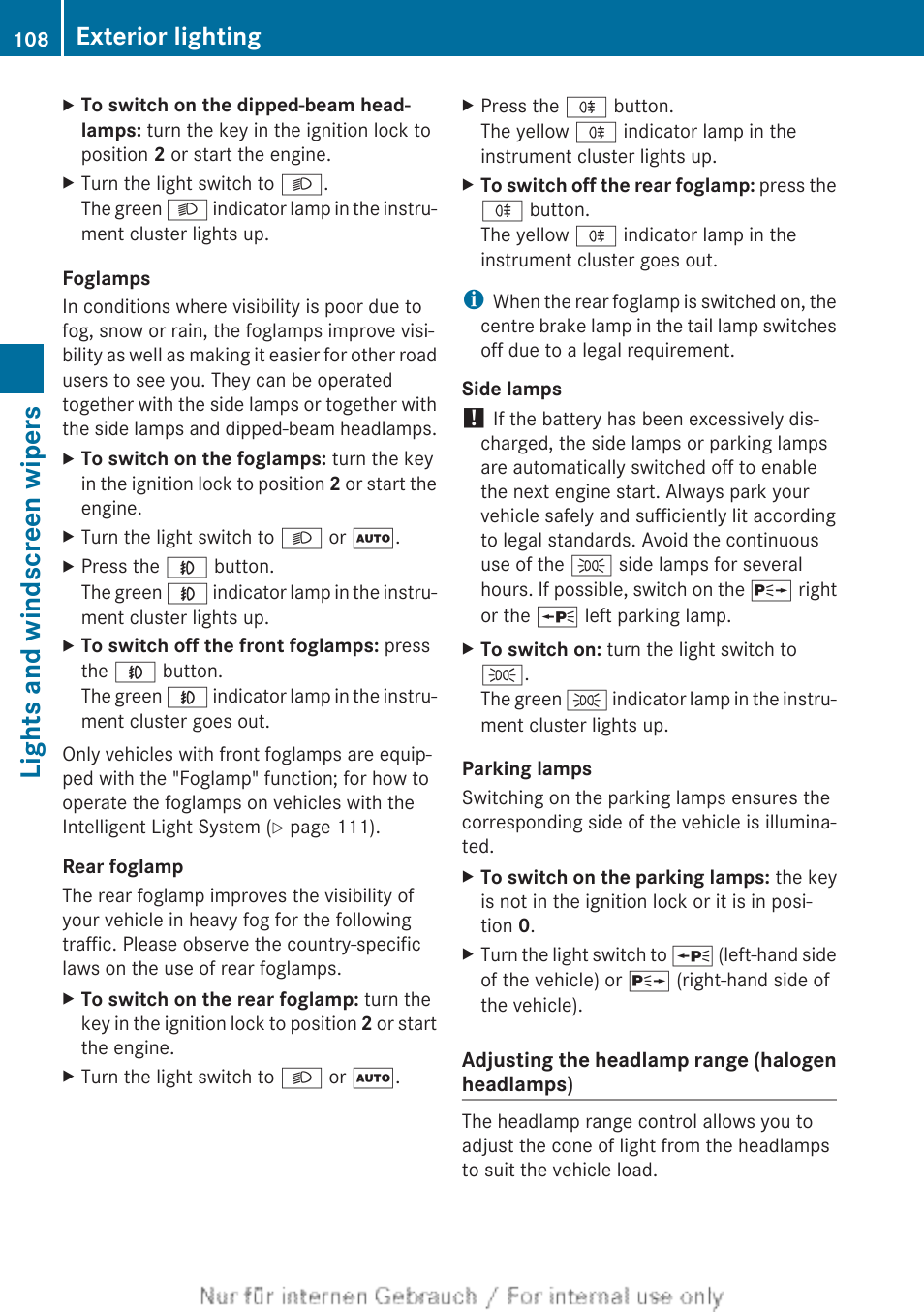 Ogen headlamps only), Lights and windscreen wipers, Exterior lighting | Mercedes-Benz 2013 CLA Class User Manual | Page 110 / 352