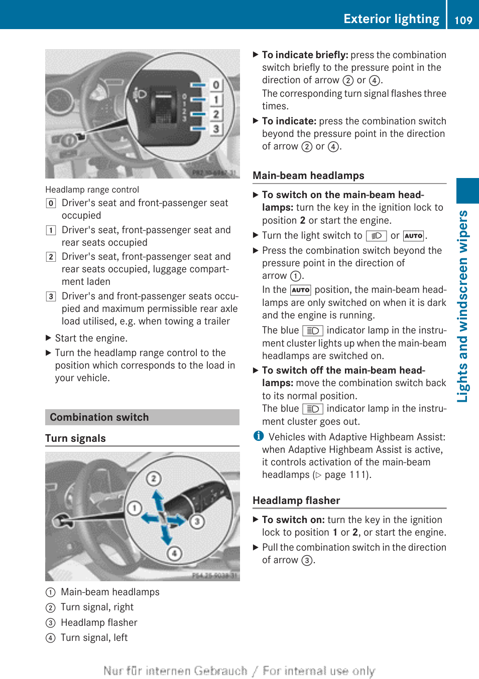 Combination switch, Lights and windscreen wipers, Exterior lighting | Mercedes-Benz 2013 CLA Class User Manual | Page 111 / 352