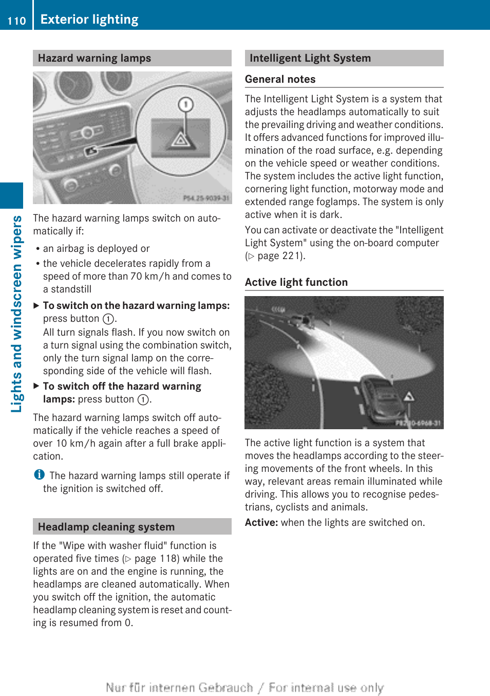 Hazard warning lamps, Headlamp cleaning system, Intelligent light system | Warning button, Lights and windscreen wipers, Exterior lighting | Mercedes-Benz 2013 CLA Class User Manual | Page 112 / 352