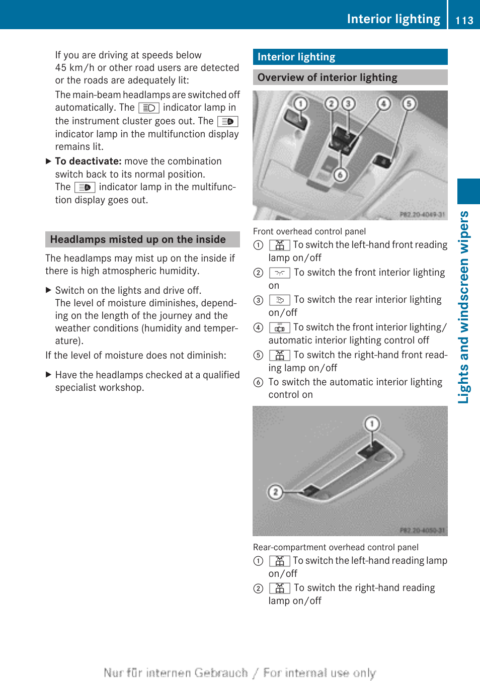 Headlamps misted up on the inside, Interior lighting, Overview of interior lighting | Lights and windscreen wipers | Mercedes-Benz 2013 CLA Class User Manual | Page 115 / 352