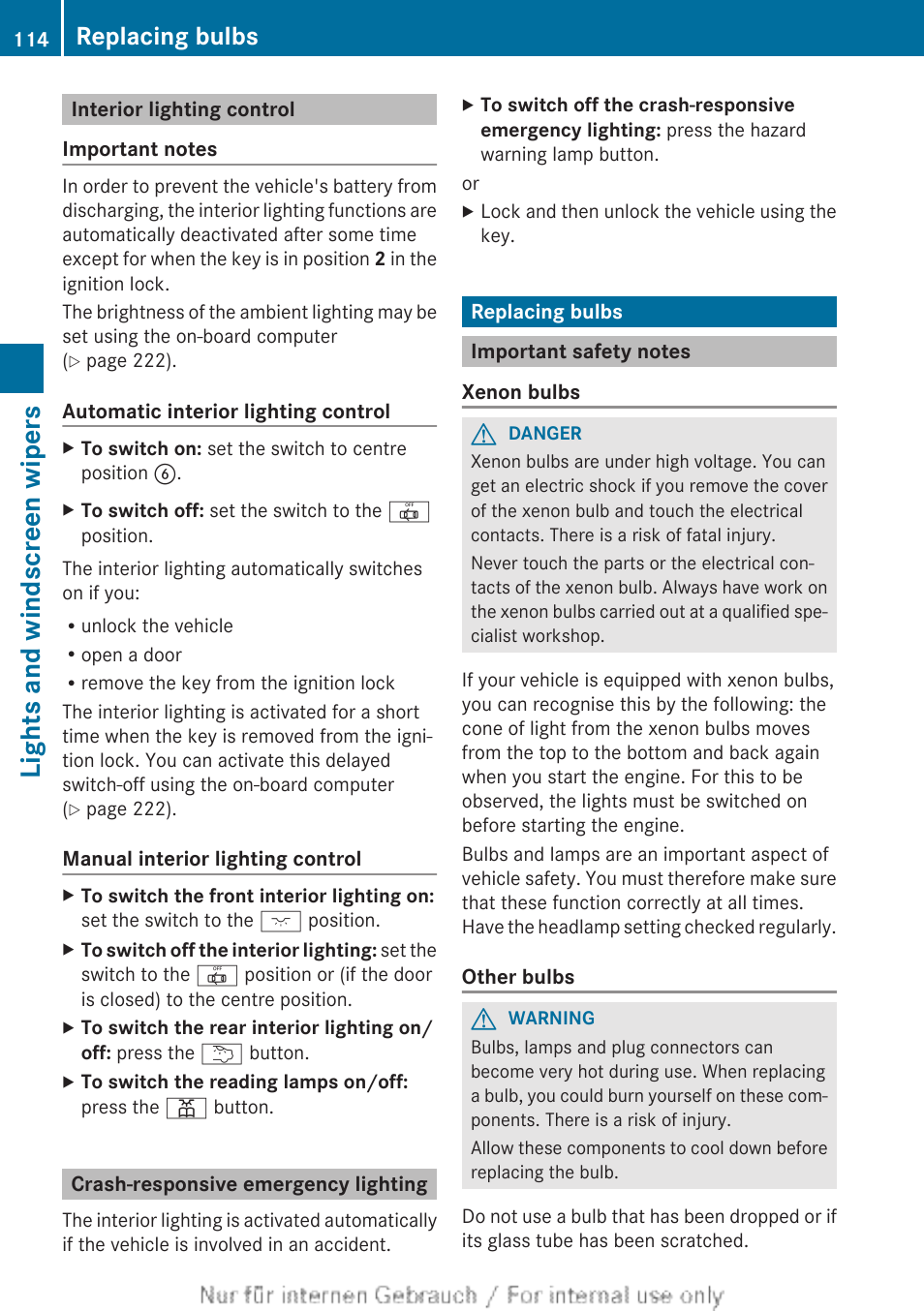 Interior lighting control, Crash-responsive emergency lighting, Replacing bulbs | Important safety notes, Lights and windscreen wipers | Mercedes-Benz 2013 CLA Class User Manual | Page 116 / 352