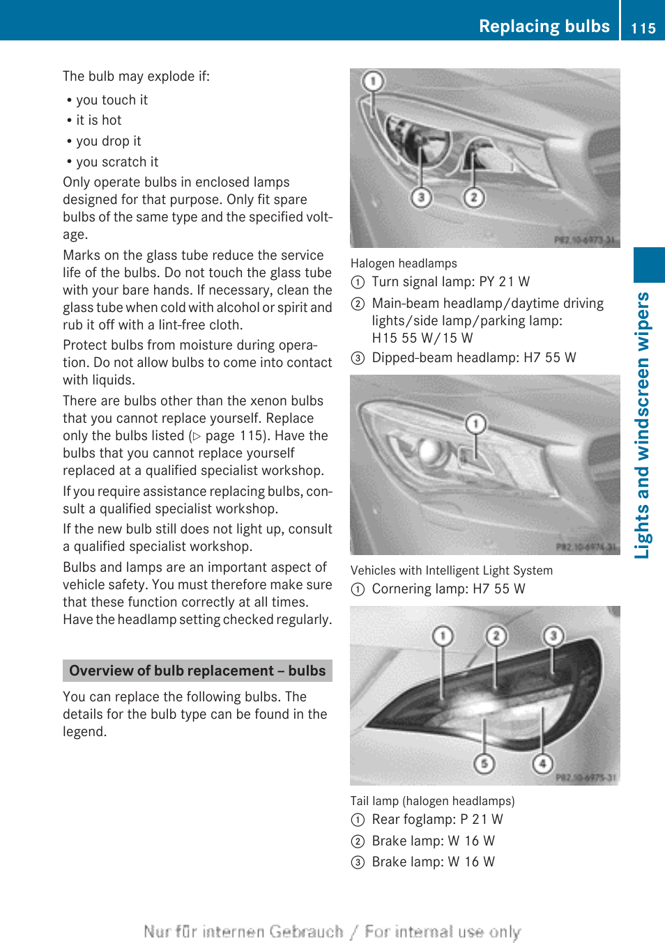 Overview of bulb replacement – bulbs, Lights and windscreen wipers, Replacing bulbs | Mercedes-Benz 2013 CLA Class User Manual | Page 117 / 352