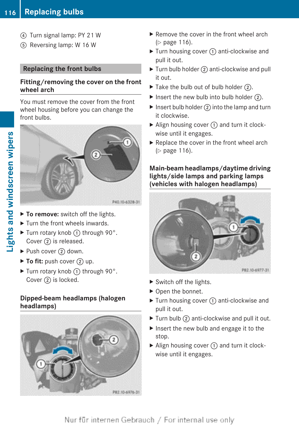 Replacing the front bulbs, Lights and windscreen wipers, Replacing bulbs | Mercedes-Benz 2013 CLA Class User Manual | Page 118 / 352