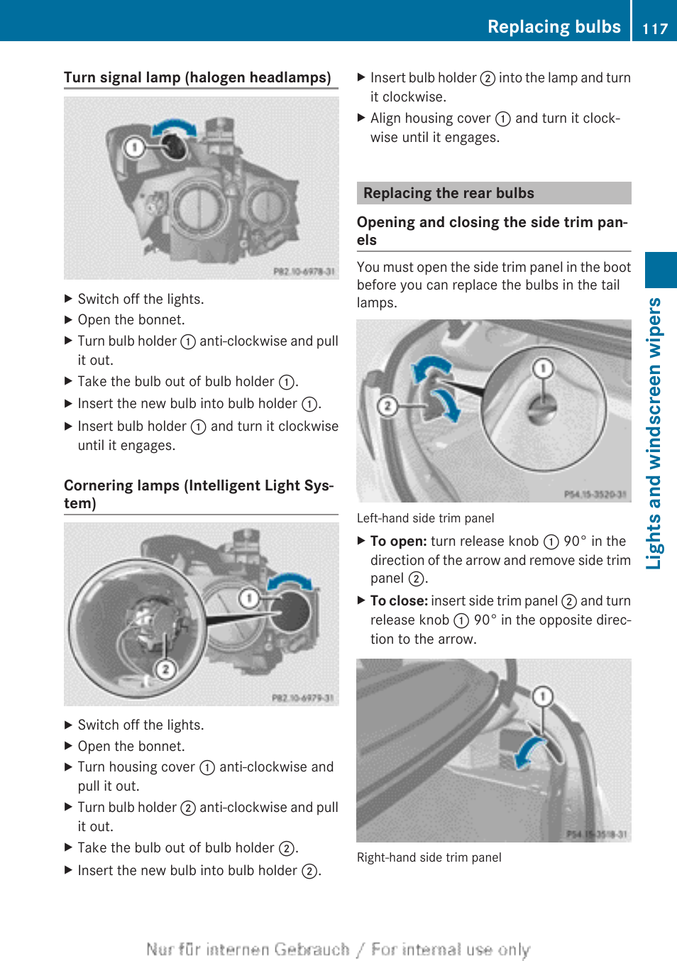 Replacing the rear bulbs, Lights and windscreen wipers, Replacing bulbs | Mercedes-Benz 2013 CLA Class User Manual | Page 119 / 352