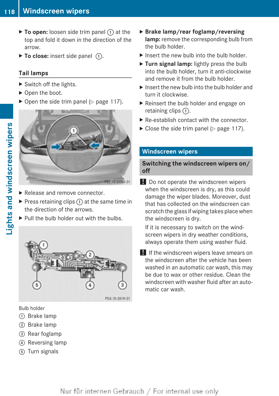 Windscreen wipers, Switching the windscreen wipers on/off, Operated five times | Lights and windscreen wipers | Mercedes-Benz 2013 CLA Class User Manual | Page 120 / 352