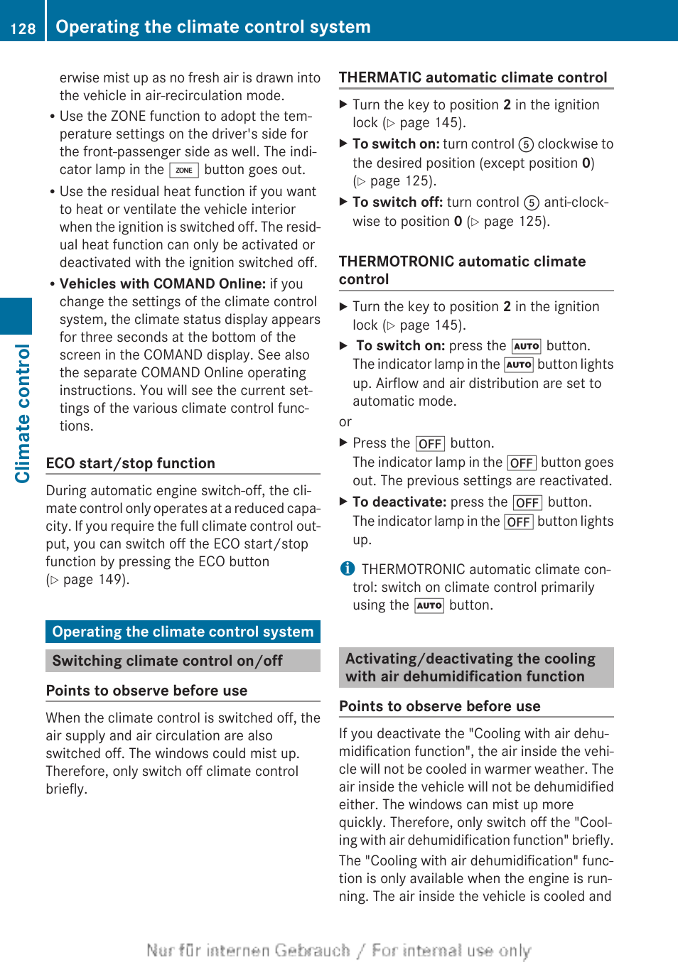 Operating the climate control system, Switching climate control on/off, Operating the climate control sys | Climate control | Mercedes-Benz 2013 CLA Class User Manual | Page 130 / 352