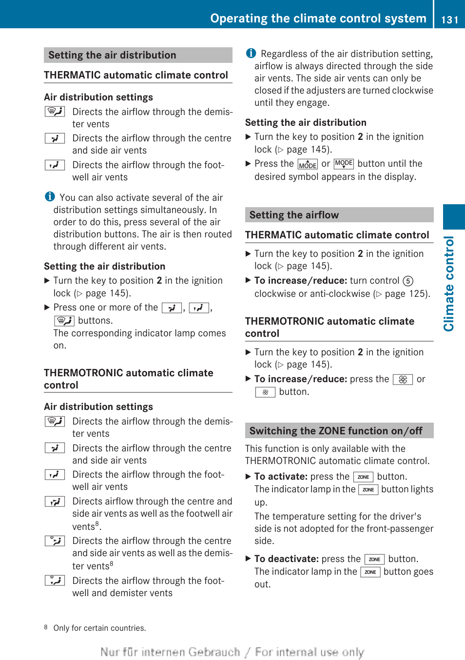 Setting the air distribution, Setting the airflow, Switching the zone function on/off | To set the air distribution, To set the airflow, Settings, To increase the airflow, To reduce the airflow, Climate control, Operating the climate control system | Mercedes-Benz 2013 CLA Class User Manual | Page 133 / 352