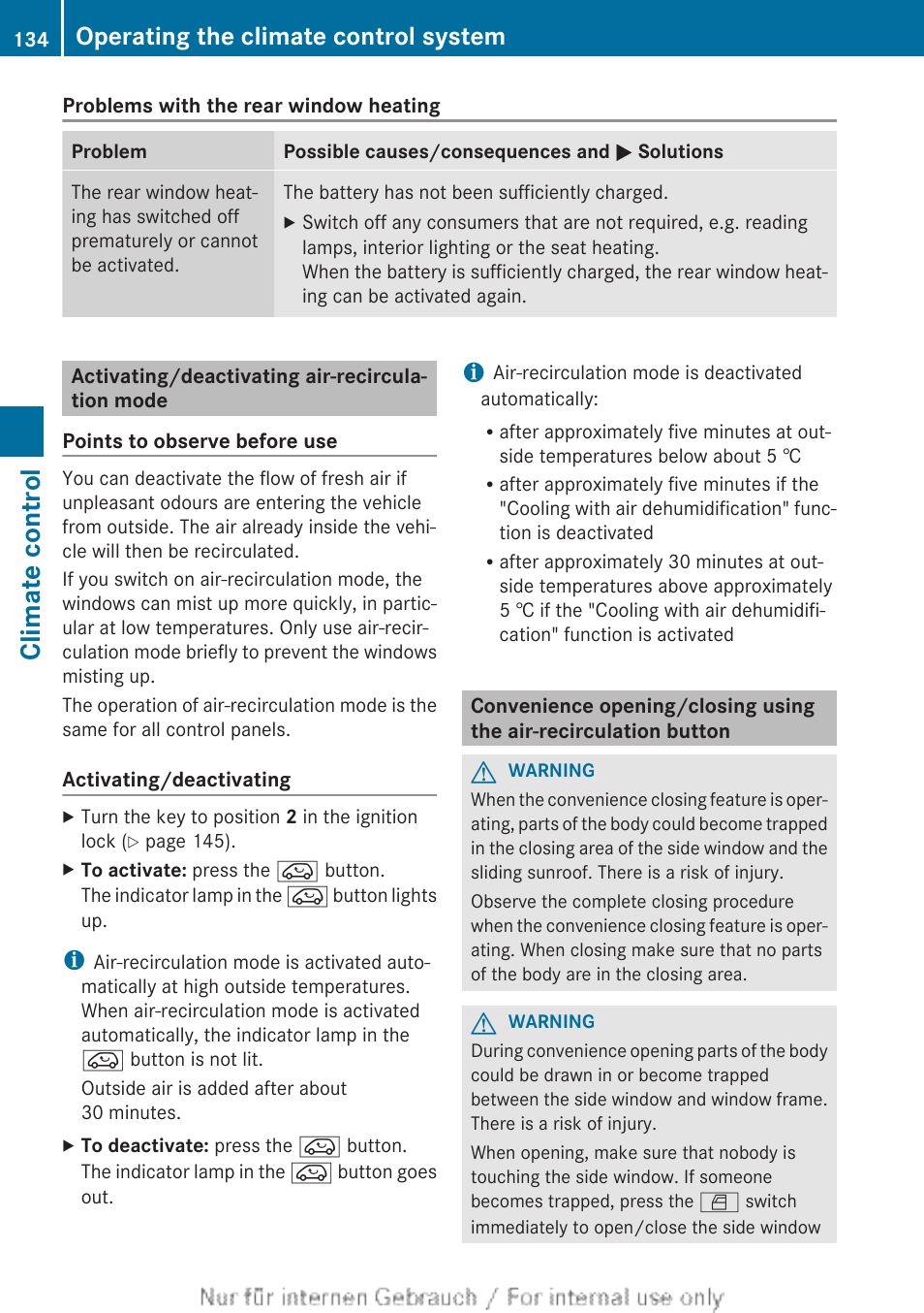 Activating/deactivating air-recirculation mode, To activate/deactivate air-recirculation mode, Climate control | Operating the climate control system | Mercedes-Benz 2013 CLA Class User Manual | Page 136 / 352