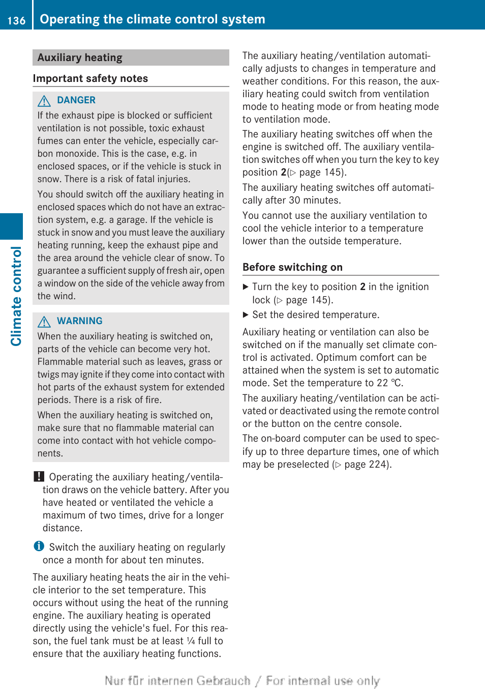 Auxiliary heating, Climate control, Operating the climate control system | Mercedes-Benz 2013 CLA Class User Manual | Page 138 / 352