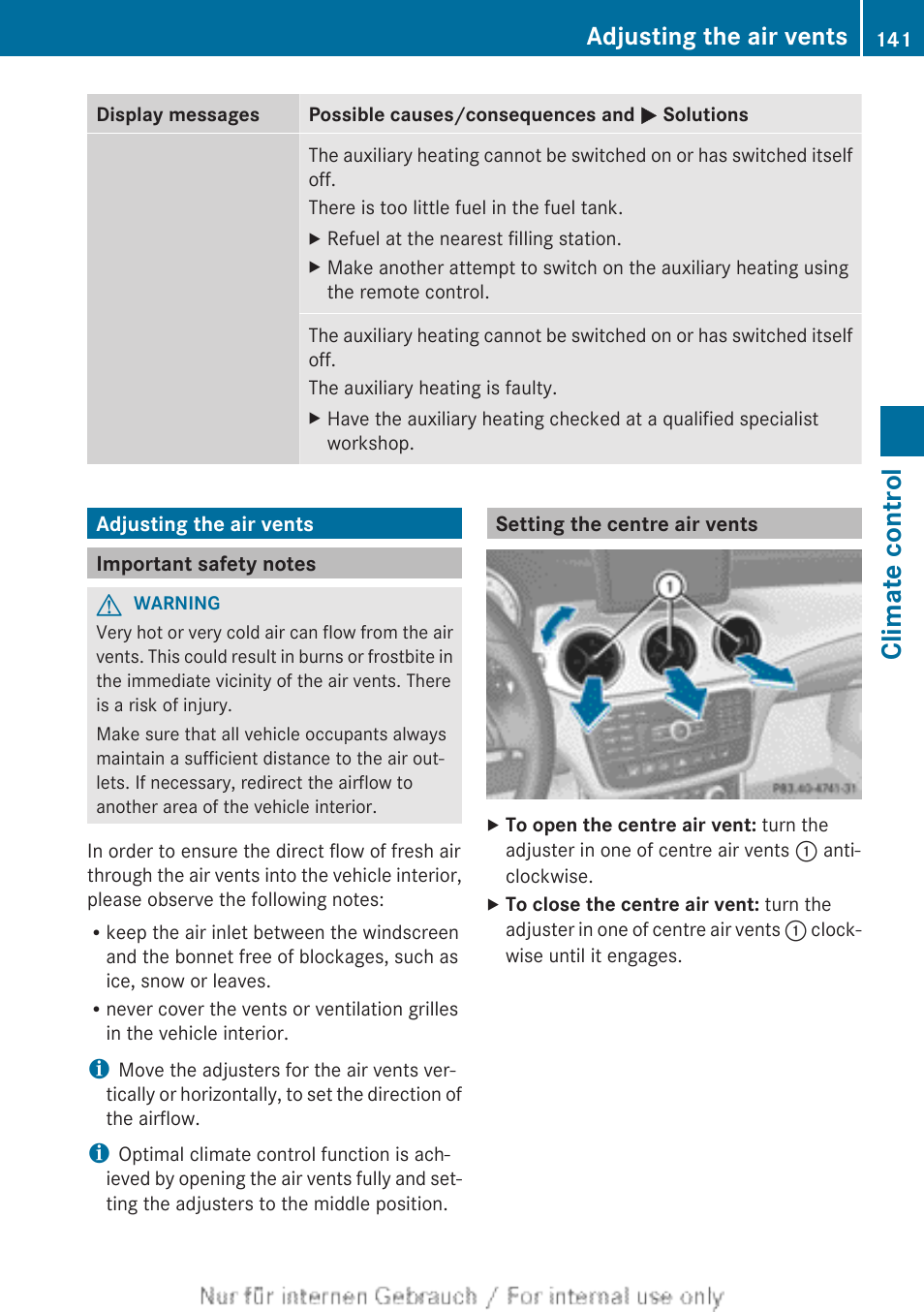 Adjusting the air vents, Important safety notes, Setting the centre air vents | Climate control | Mercedes-Benz 2013 CLA Class User Manual | Page 143 / 352