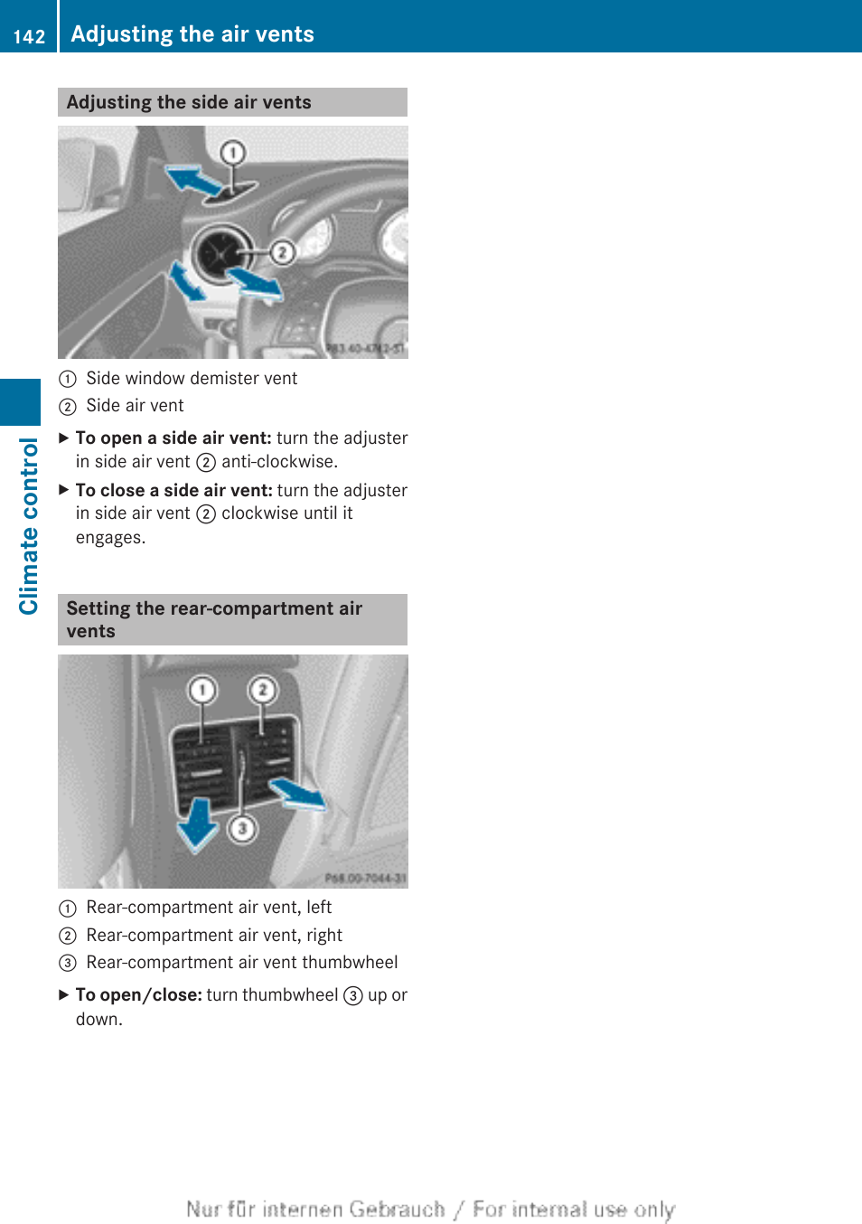 Adjusting the side air vents, Setting the rear-compartment air vents, Climate control | Adjusting the air vents | Mercedes-Benz 2013 CLA Class User Manual | Page 144 / 352