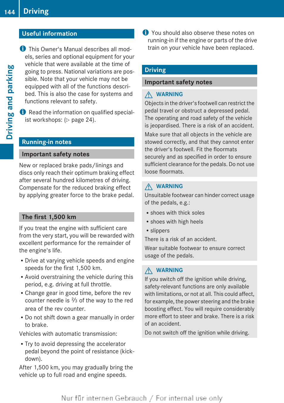 Driving and parking, Useful information, Running-in notes | Important safety notes, The first1,500 km, Driving, Useful information running-in notes driving | Mercedes-Benz 2013 CLA Class User Manual | Page 146 / 352