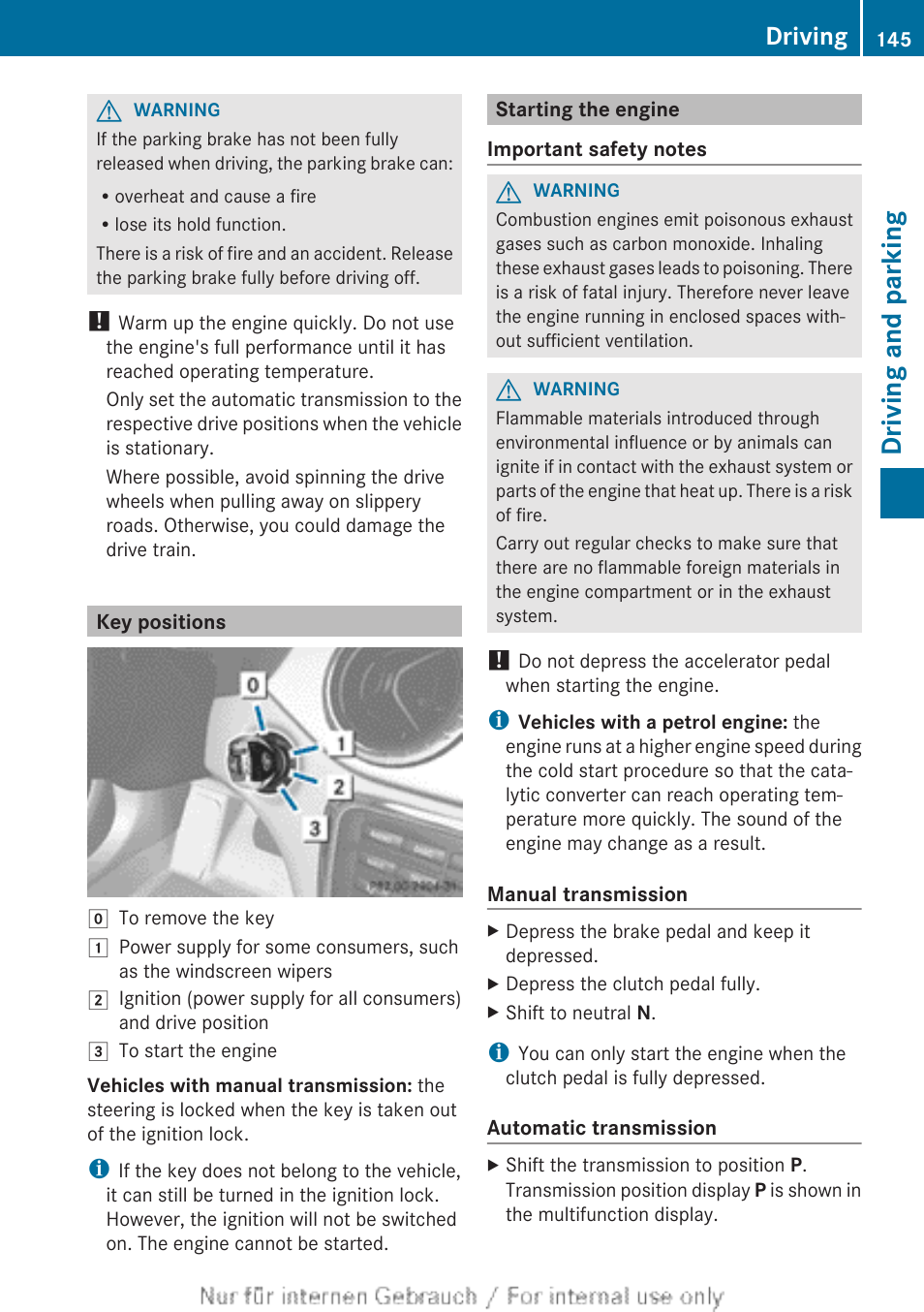 Key positions, Starting the engine, Lock | Lock or remove it, Driving and parking, Driving | Mercedes-Benz 2013 CLA Class User Manual | Page 147 / 352