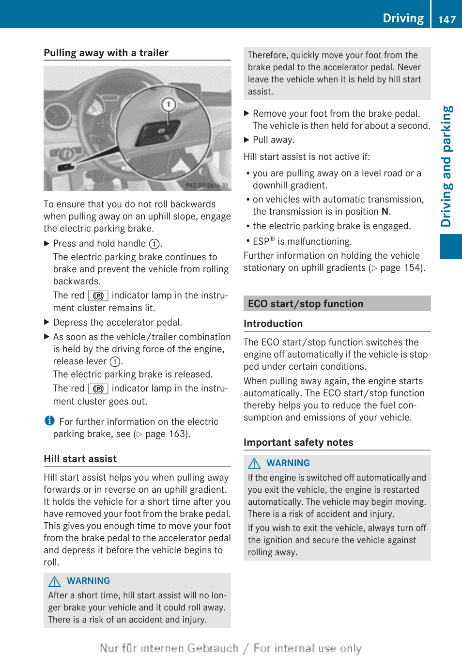 Eco start/stop function, Hill start assist, Driving and parking | Driving | Mercedes-Benz 2013 CLA Class User Manual | Page 149 / 352