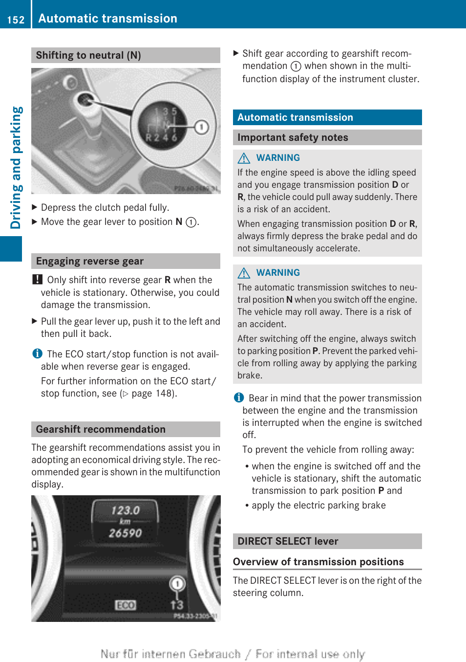 Shifting to neutral (n), Engaging reverse gear, Gearshift recommendation | Automatic transmission, Important safety notes, Direct select lever, Driving style, Driving and parking | Mercedes-Benz 2013 CLA Class User Manual | Page 154 / 352