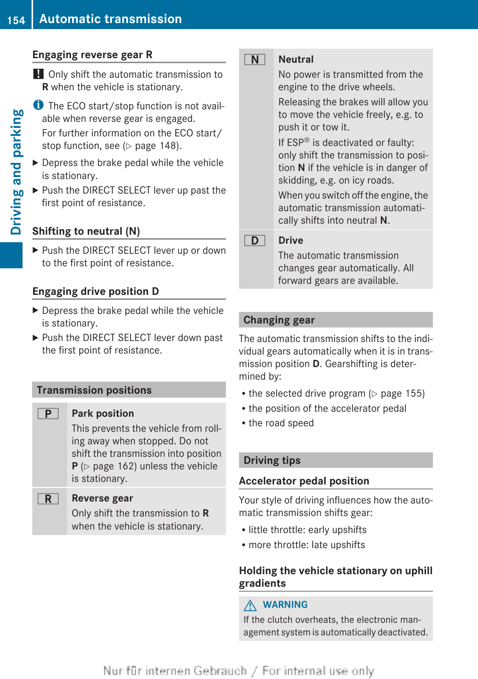 Transmission positions, Changing gear, Driving tips | Driving and parking, Automatic transmission | Mercedes-Benz 2013 CLA Class User Manual | Page 156 / 352