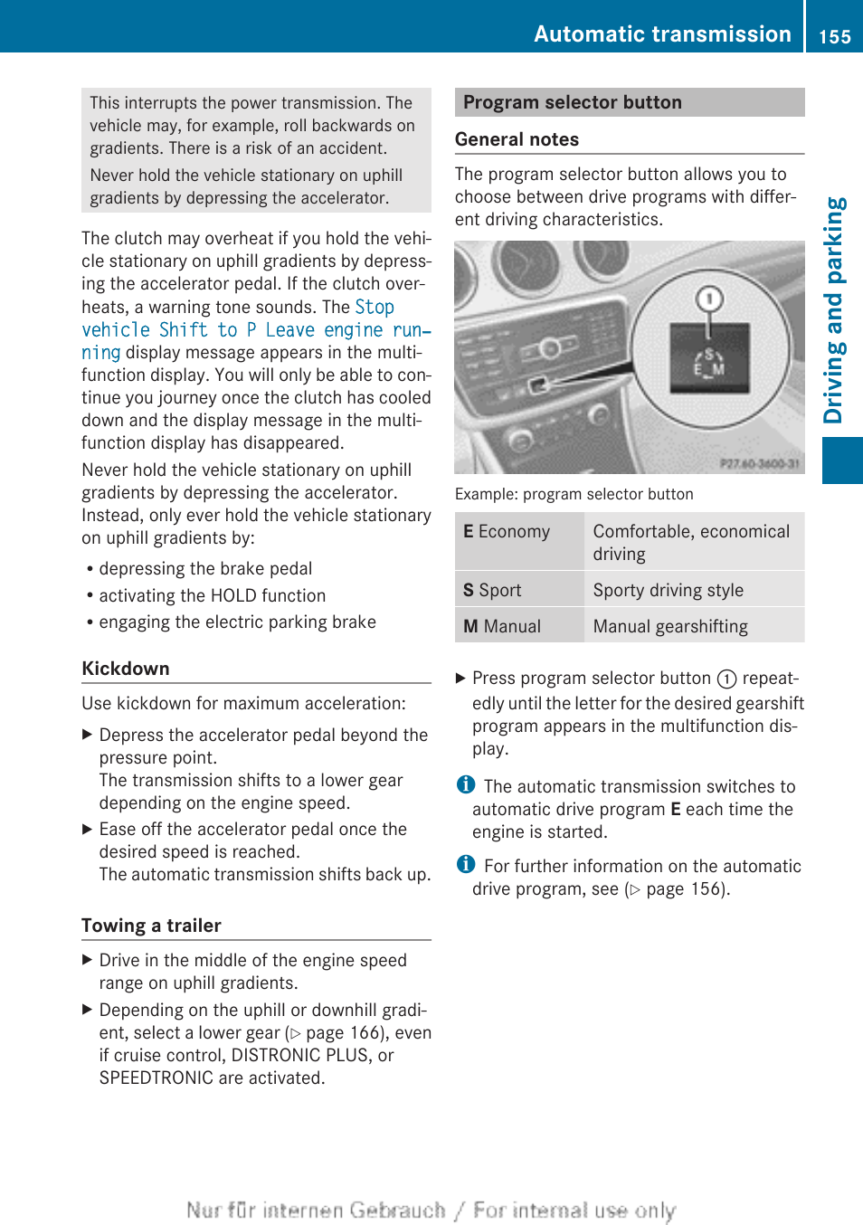 Program selector button, The selected drive program, Driving and parking | Automatic transmission | Mercedes-Benz 2013 CLA Class User Manual | Page 157 / 352