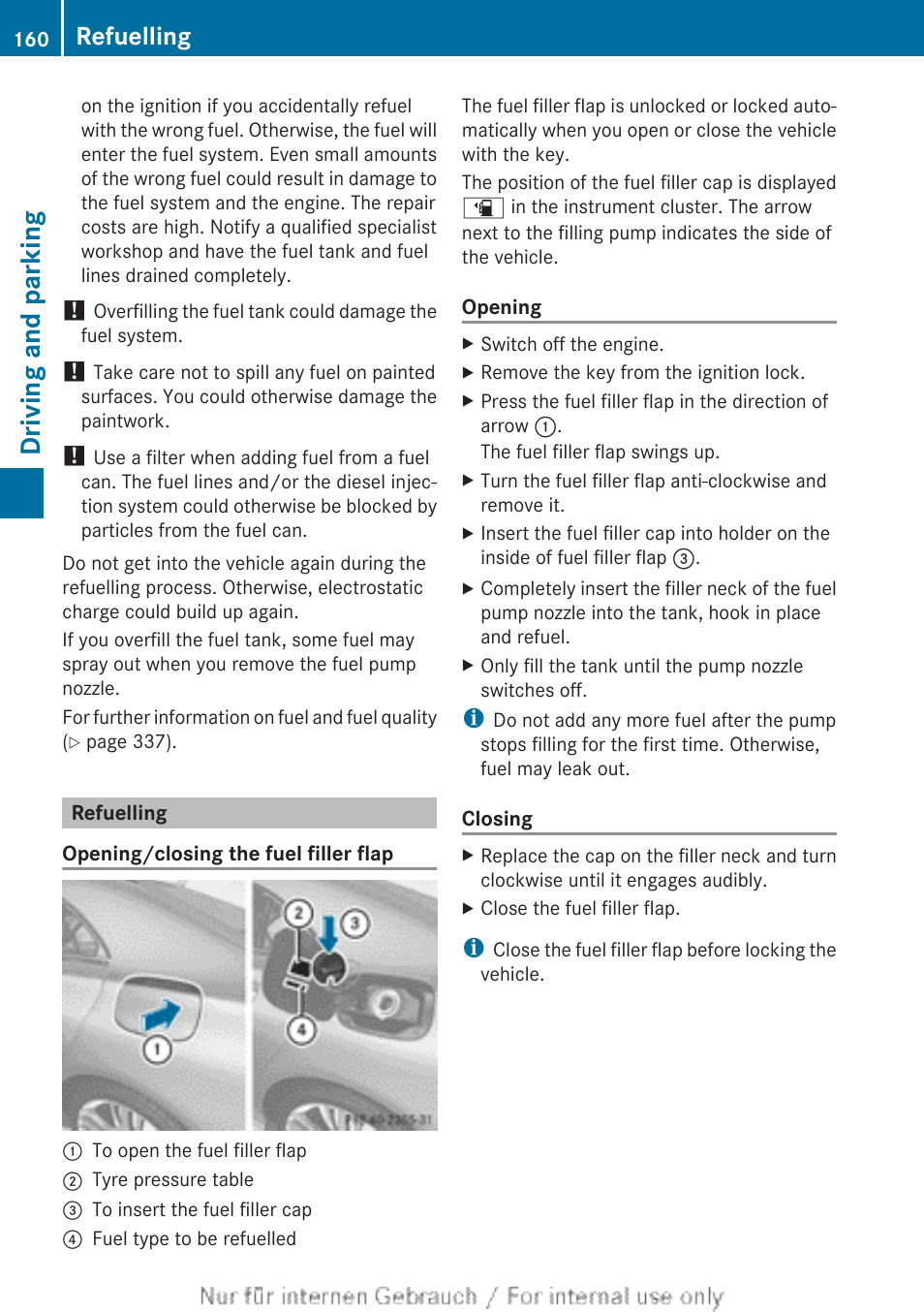 Refuelling, Driving and parking | Mercedes-Benz 2013 CLA Class User Manual | Page 162 / 352