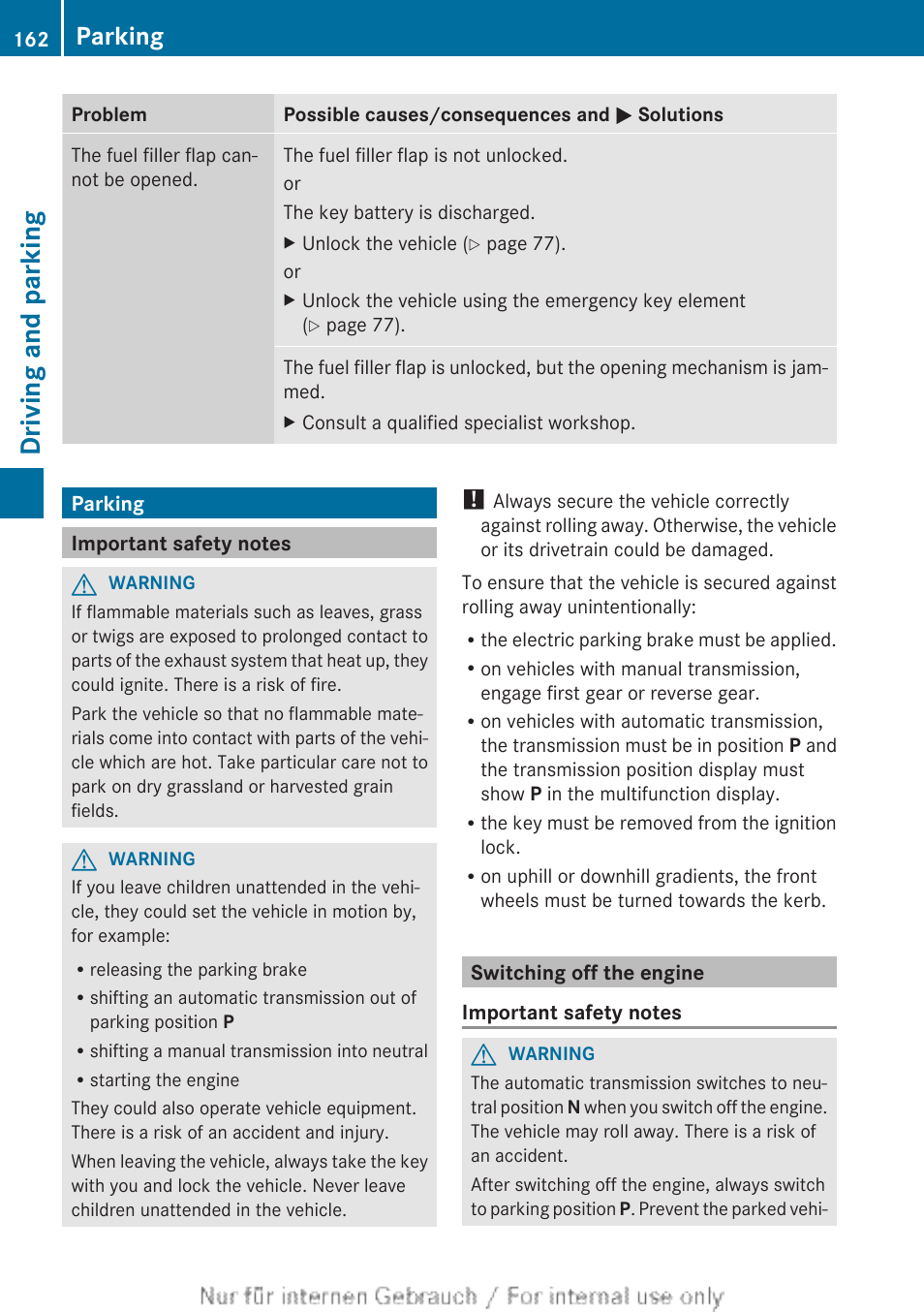 Parking, Important safety notes, Switching off the engine | Driving and parking | Mercedes-Benz 2013 CLA Class User Manual | Page 164 / 352