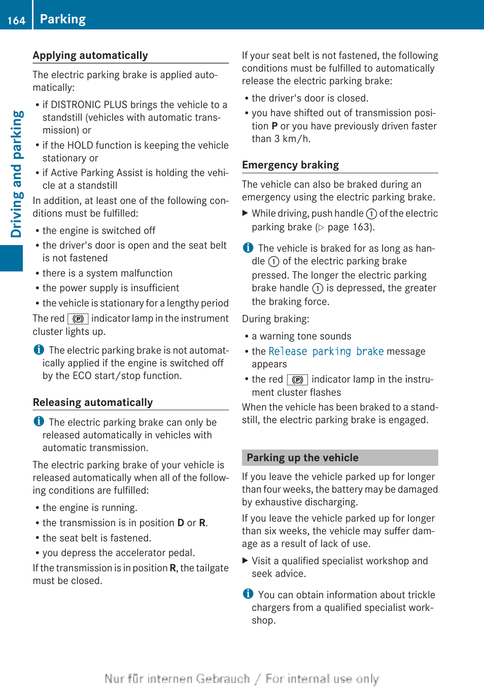 Parking up the vehicle, Driving and parking, Parking | Mercedes-Benz 2013 CLA Class User Manual | Page 166 / 352